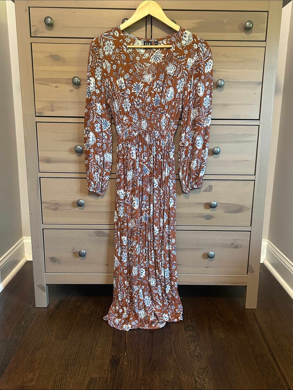 Floral Long Sleeve Maxi Dress in Rust and White